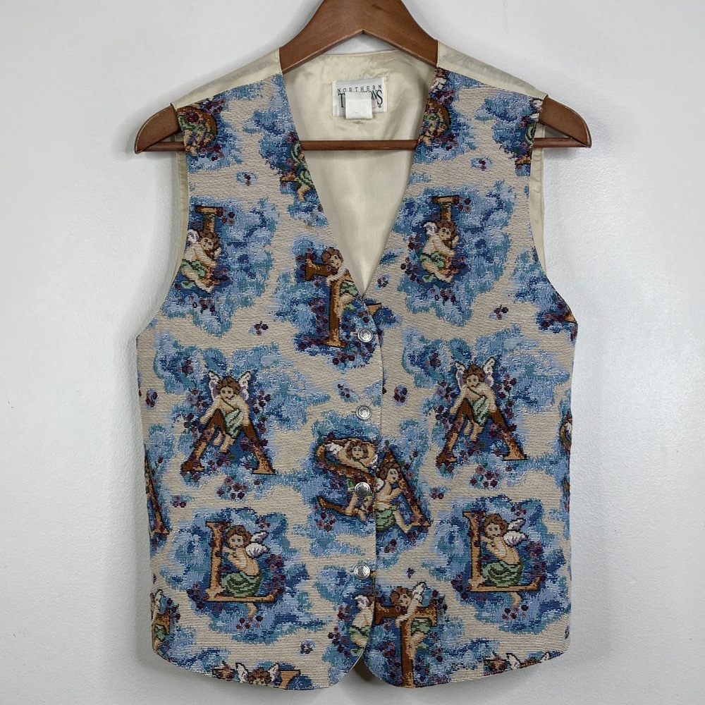 Vintage Tapestry Vest Womens Medium Blue Beige Cherubs Christmas Winter 90s Mom